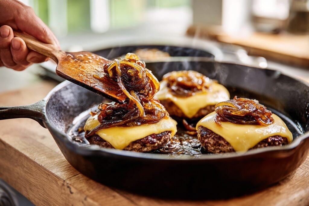 Juicy Cheddar Caramelized Onion Gourmet Burger Recipe 2 Juicy Cheddar Onion Burger 2