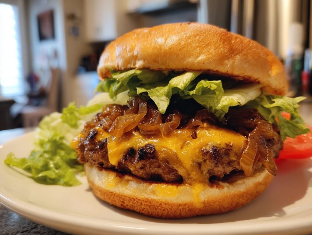 Juicy Cheddar Caramelized Onion Gourmet Burger Recipe 3 Juicy Cheddar Onion Burger 3