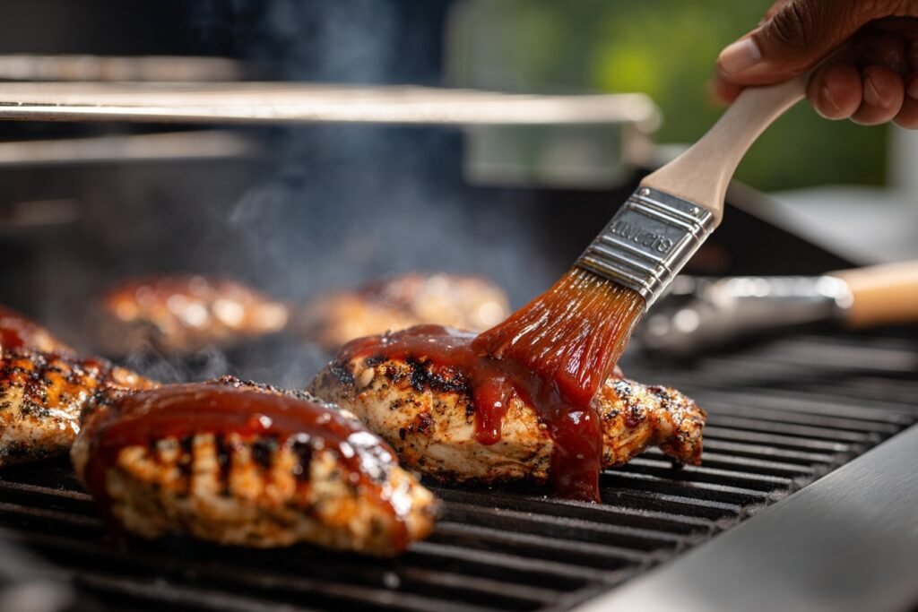Grilling BBQ chicken breasts