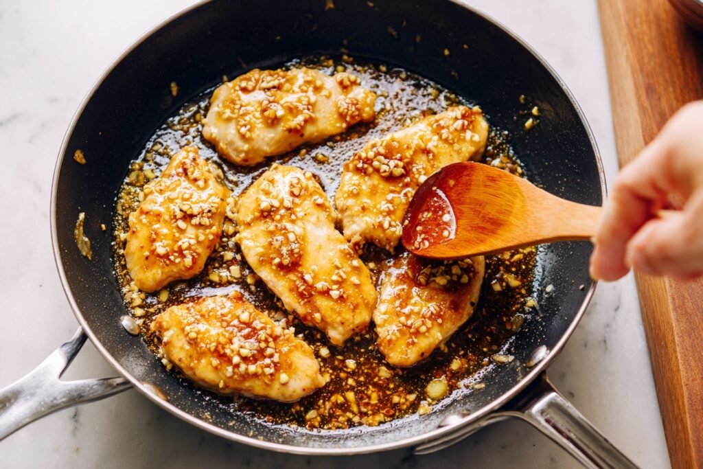 Sizzling Honey Garlic Chicken Breast in pan