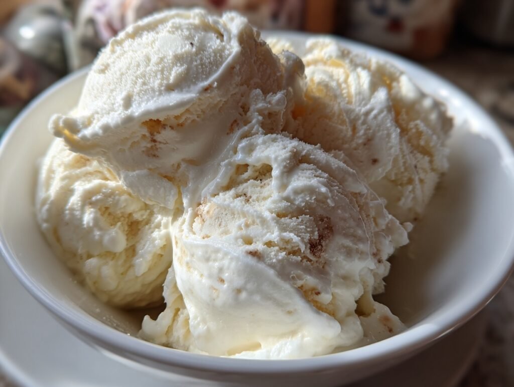 Scoops of No-Churn Vanilla Ice Cream in a bowl