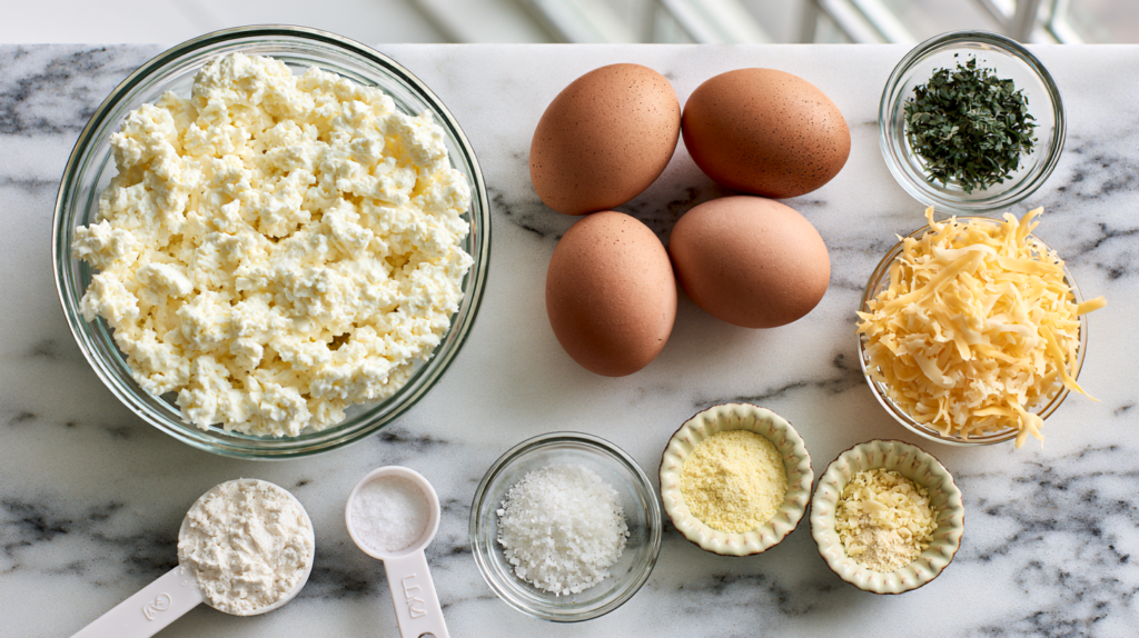 No-Flour Cottage Cheese Bread (High-Protein, Low-Carb, 6 Ingredients) 1 Ingredients for cottage cheese bread: cottage cheese, eggs, shredded cheese, baking powder, salt, garlic powder, onion powder, and dried herbs
