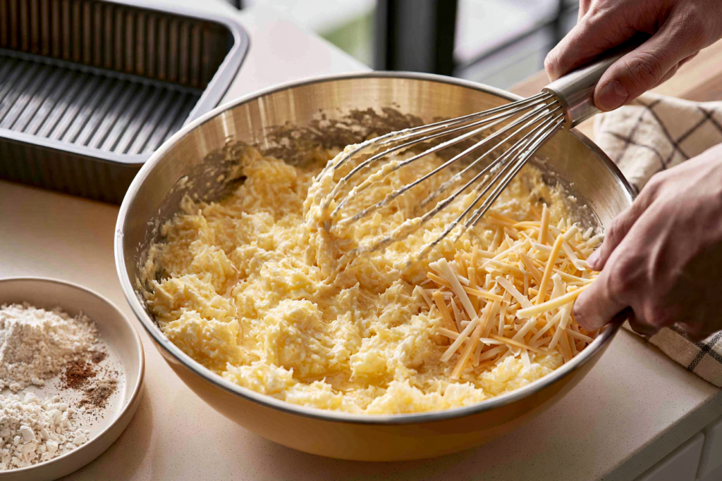 No-Flour Cottage Cheese Bread (High-Protein, Low-Carb, 6 Ingredients) 2 Cottage cheese bread batter mixed in one bowl and poured into a lined loaf pan before baking