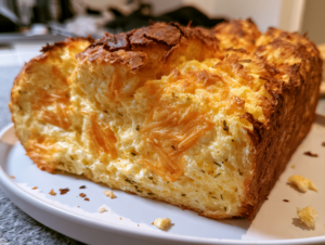 Sliced no-flour cottage cheese bread loaf on a wooden board, golden crust and soft cheesy interior