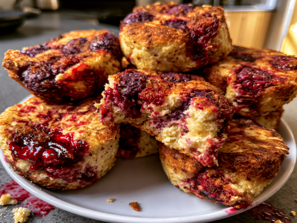 Berry Banana Cottage Cheese Pancake Bites (High-Protein, No Refined Sugar) 3 Cottage cheese pancake bite broken open showing a fluffy interior with juicy berries inside