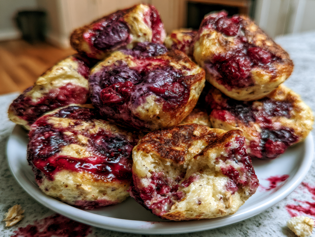 Berry banana cottage cheese pancake bites on a plate with fresh berries and maple syrup